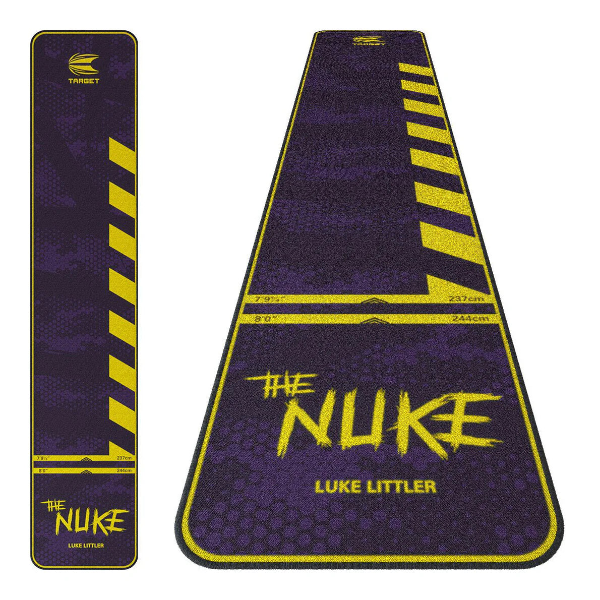 Full view dart mat with Luke Littler 'The Nuke' design, oche throw lines, yellow hazard stripes, isolated on white