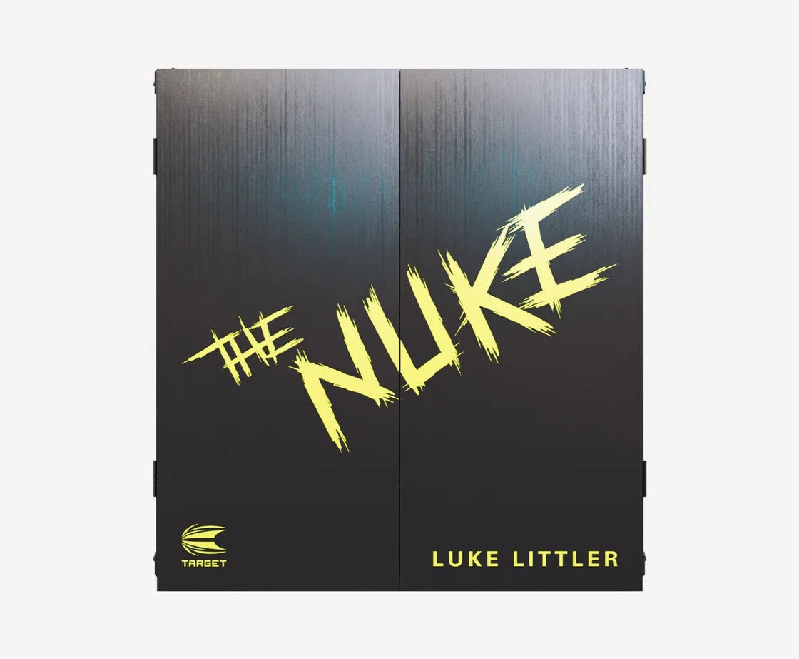 Front view of Luke Littler dartboard cabinet closed, The Nuke yellow text on black, ideal for home dart setup
