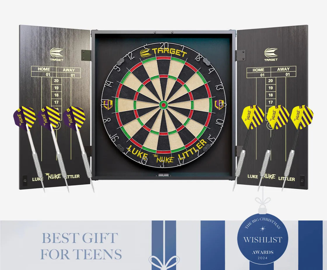 Luke Littler cabinet dartboard set open with six striped darts on doors, chalk scoring panels, and engraved dartboard branding