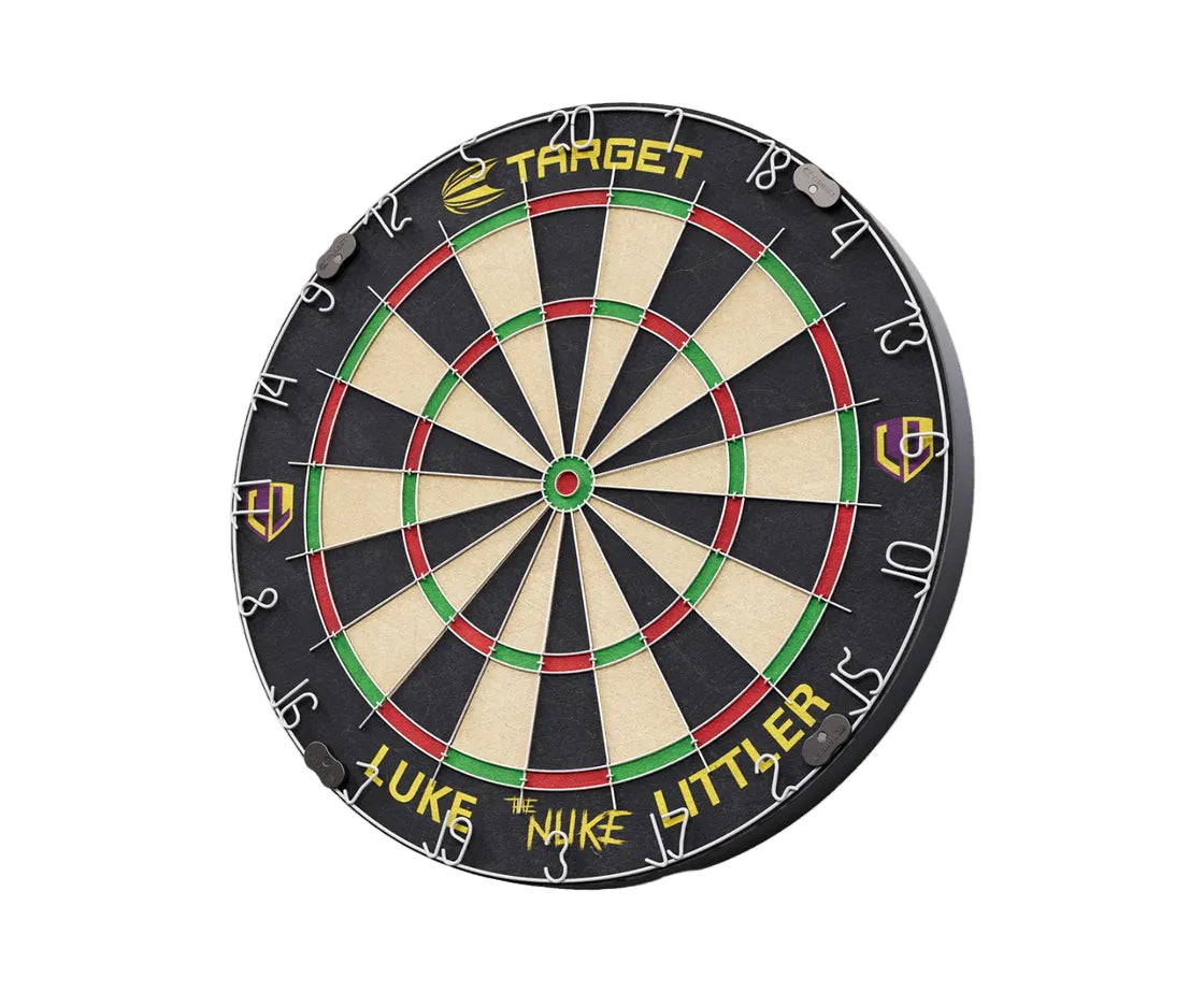 Full view angled Luke Littler dartboard set on white background showing wire numbers, signature branding, high-visibility target zones
