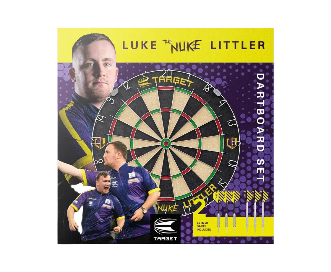 Luke Littler dartboard set packaging with full dartboard graphic, two sets of yellow-black darts, player images, and bold branding