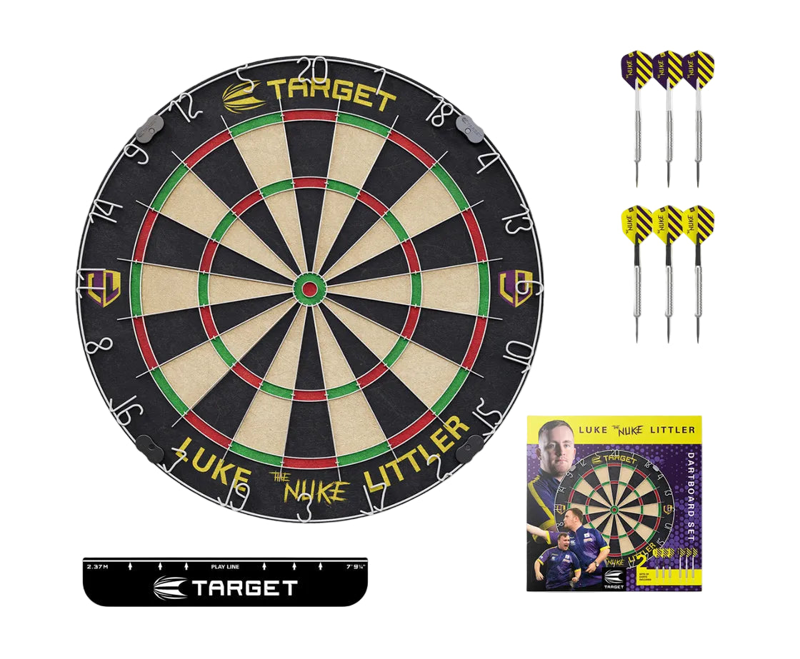 Luke Littler dartboard set top-down view with six steel tip darts, throw line, and box packaging on white background