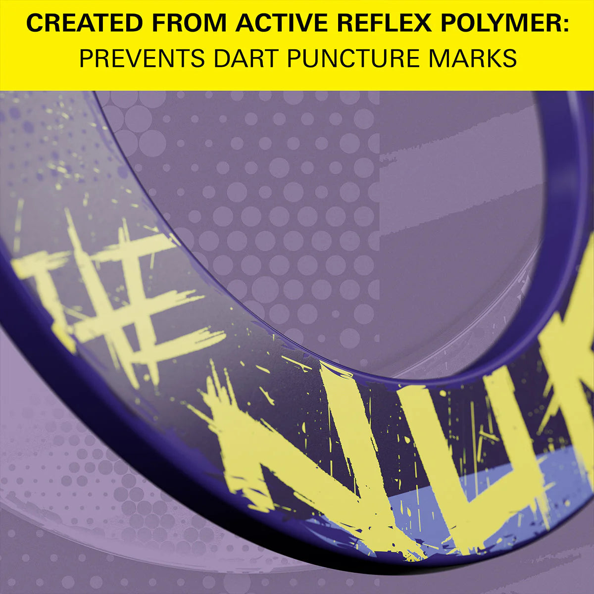 Macro close-up of purple and yellow dartboard surround showing polymer surface and bold text, highlighting puncture-resistant dart accessory