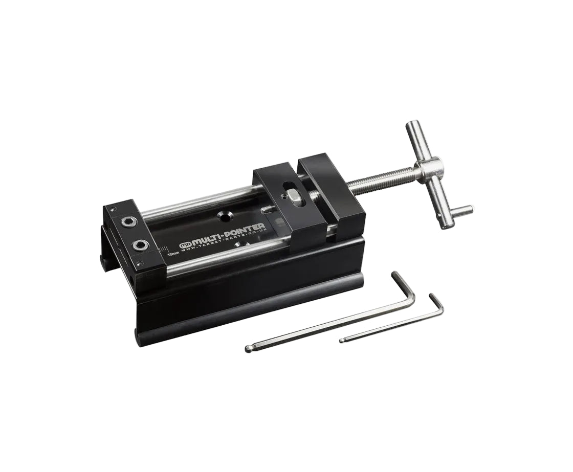 Dart repointing tool and two hex keys displayed on white background, highlighting robust vise mechanism and adjustment handle