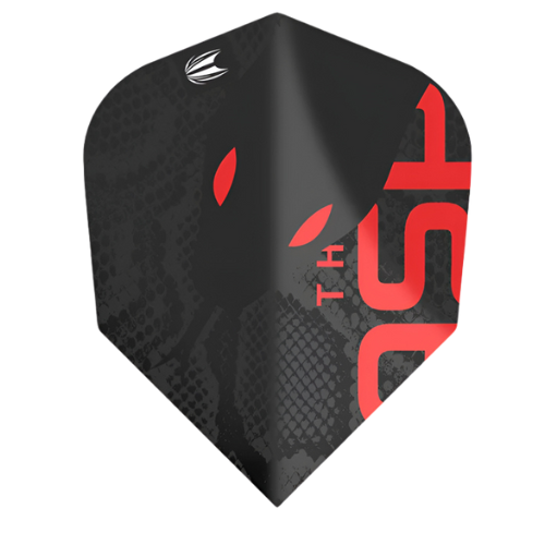 No.6 dart flight in black with red and grey snake pattern, isolated on white background, showing durable textured material