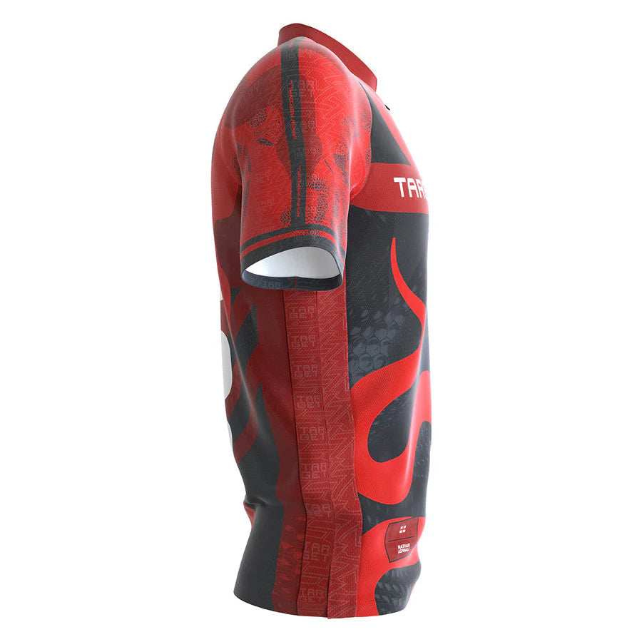 Angled side view of Nathan Aspinall darts shirt with red and black design, isolated on white, displaying sleeve detail and shirt graphics