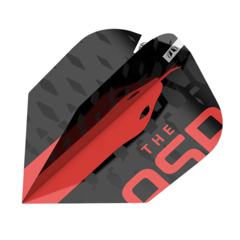 Close-up angled view of dart flight showing black and red pattern, No.6 shape, and textured surface for enhanced dart accuracy