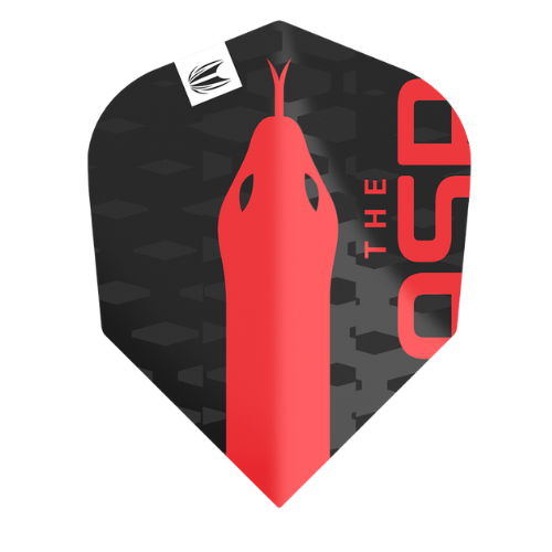 Close-up of dart flight No.6 with red snake design, sharp text, and textured pattern, isolated on white for darts accessories buyers