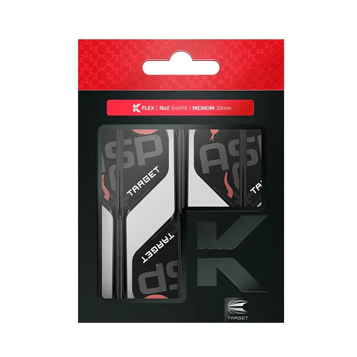 Three K-Flex No2 dart flight and shaft sets in retail packaging, medium 33mm, ASP design, clear display window for dart accessories