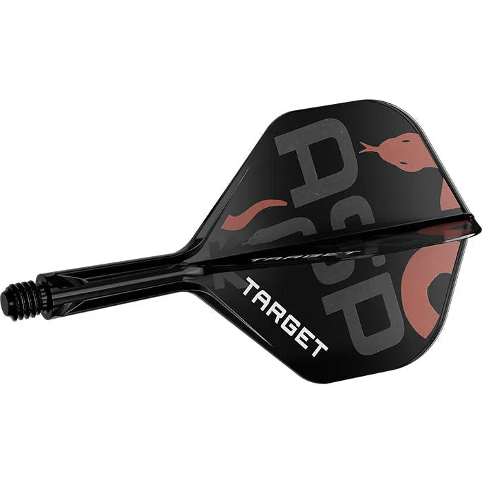 Angled close-up of Nathan Aspinall K-Flex No.2 dart flight and shaft, black with ASP serpent design, isolated on white background