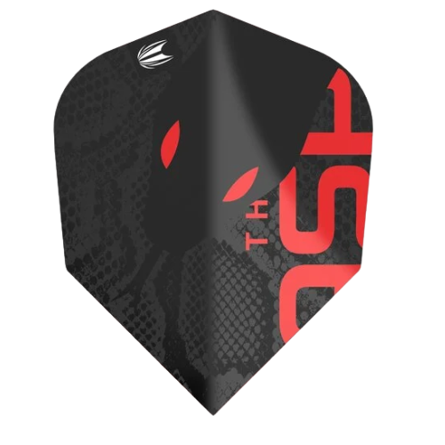 Close-up of Nathan Aspinall Pro Ultra No.2 dart flight, black with textured snake pattern and bold red lettering, isolated on white.