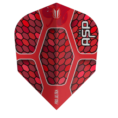 Pro Ultra No.6 dart flight in bold red with hexagonal pattern and 'The ASP' branding, isolated on white background