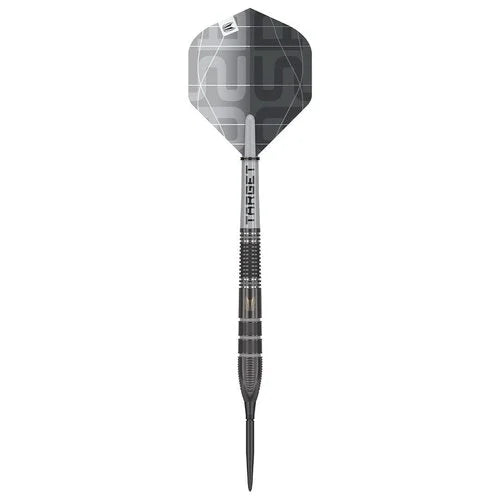 Full view of 90% tungsten dart with knurled grip, Echo flight, black shaft, and point, isolated on white background