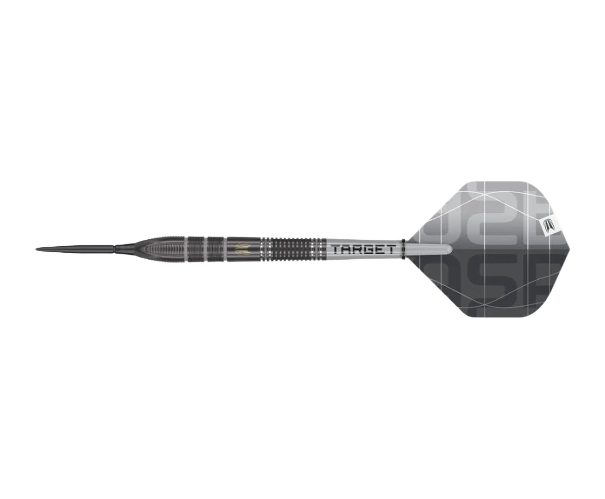 90% tungsten steel tip dart full view on white background, highlighting detailed barrel grip and geometric black flight design
