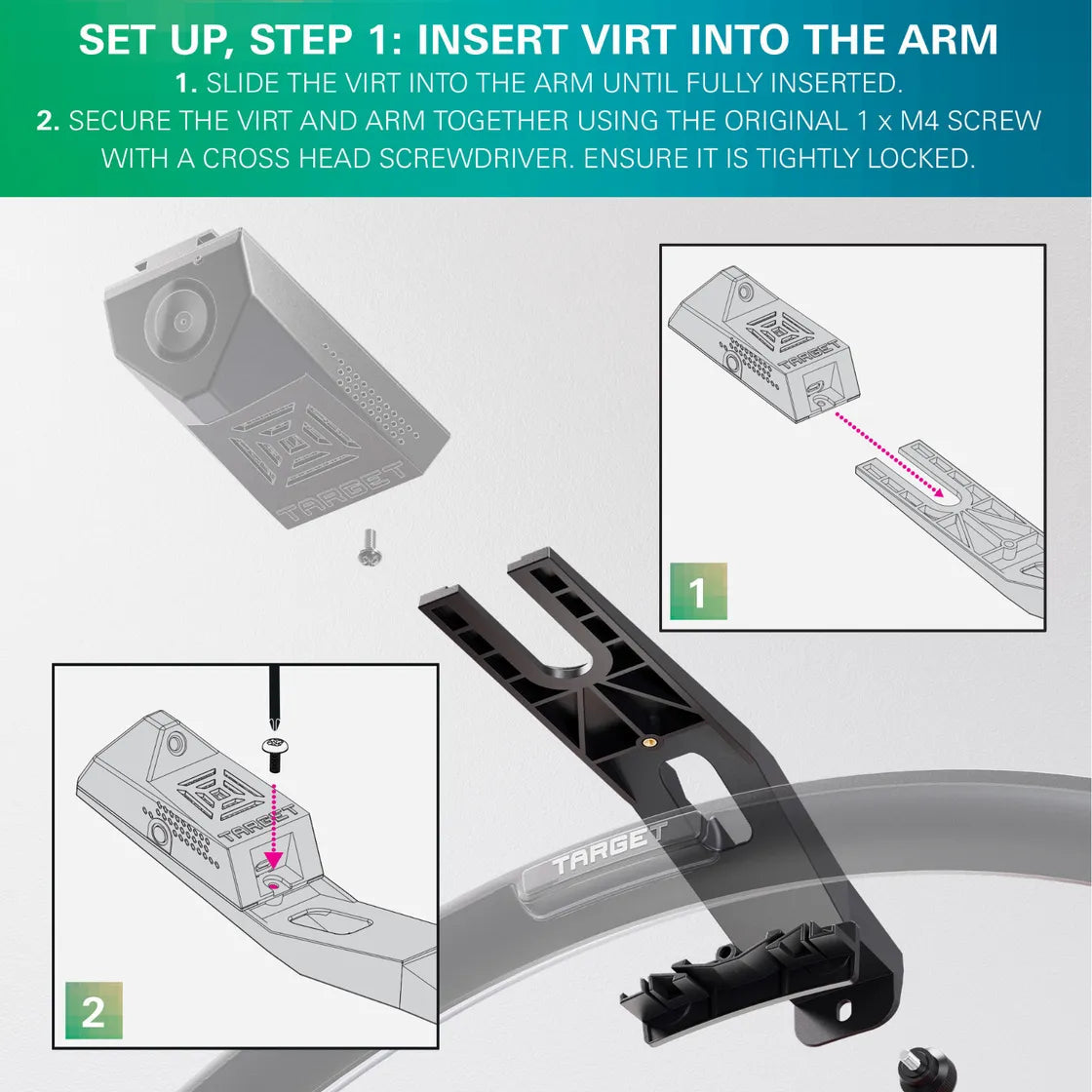 Angled view showing Omni Virt Arm assembly steps, with components aligned for mounting, focus on screw and slot connection for dart setup.