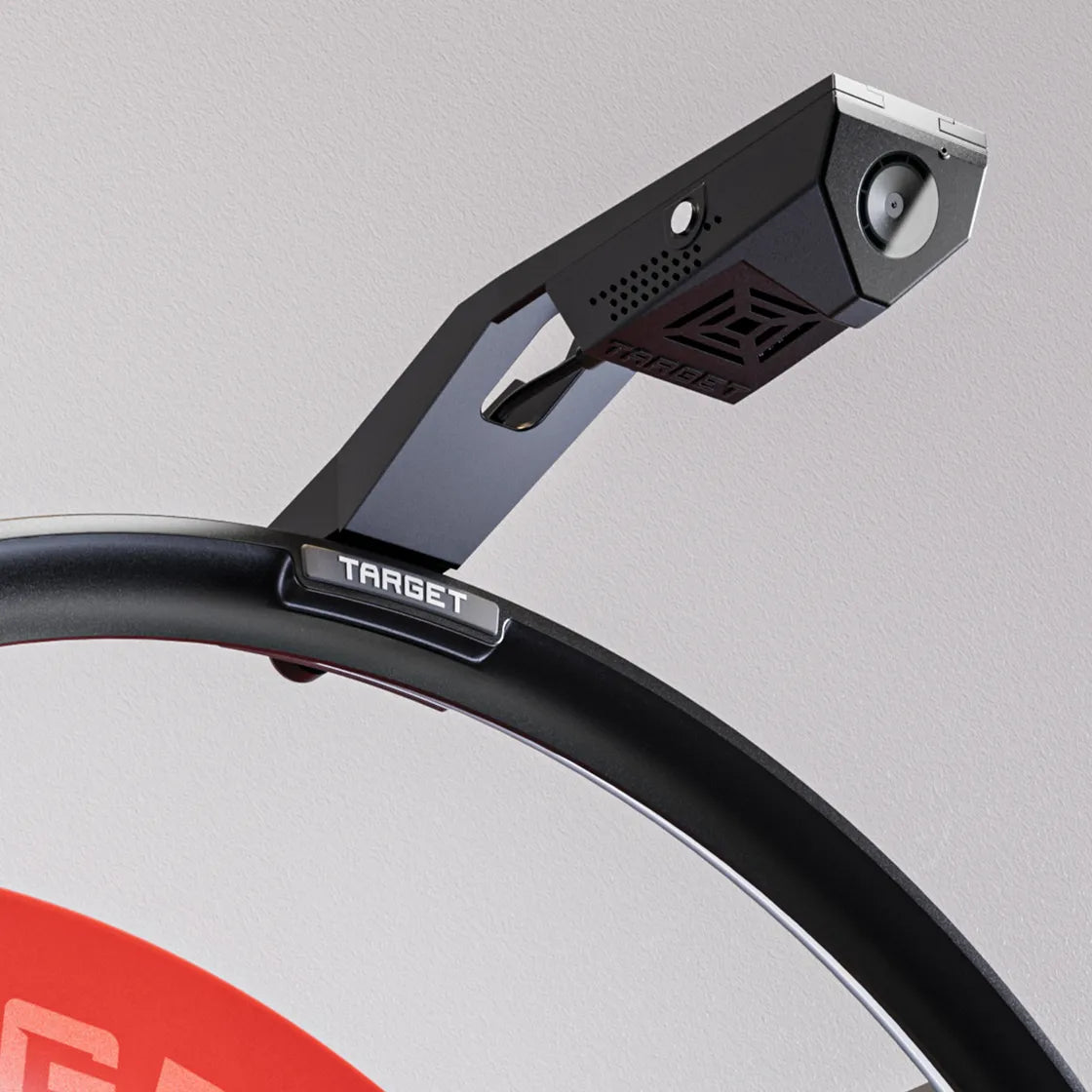 Angled close-up of Omni Virt Arm electronic device mounted on dartboard rim, highlighting camera feature for advanced dart setup