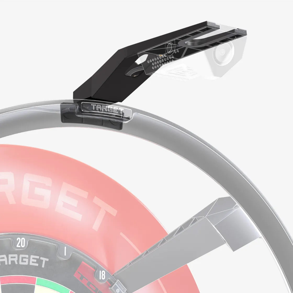 Angled view of Omni Virt Arm dart scoreboard accessory mounted above dartboard, showing attachment detail and modern home darts setup