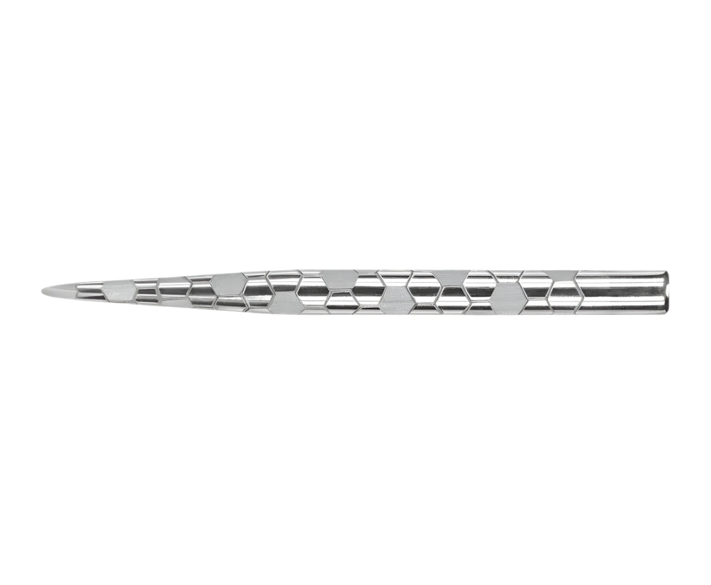 Dart point full side view on white background featuring etched hexagonal grip texture for secure finger control and dartboard hold