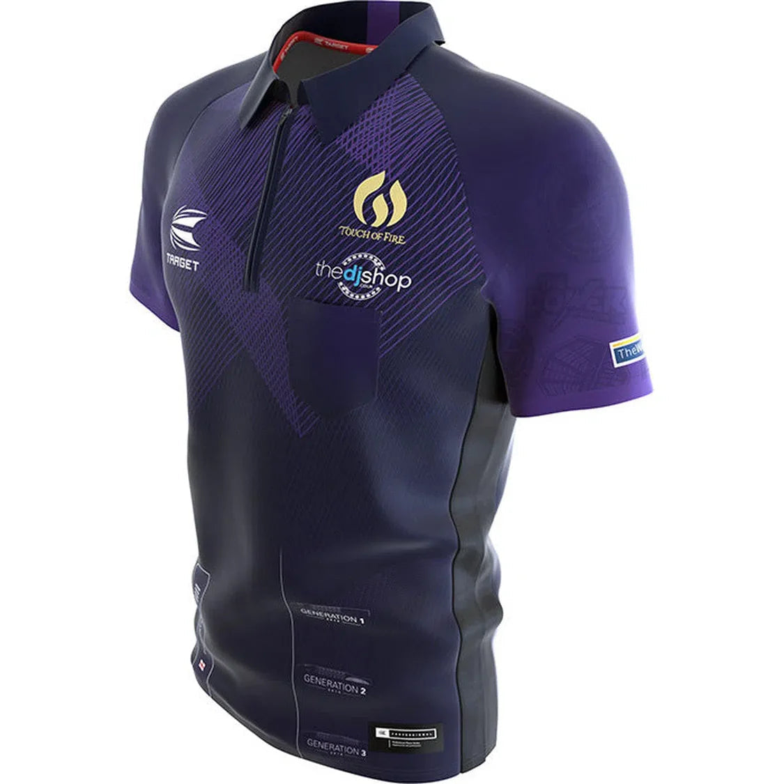 Angled view of Phil Taylor 2024 darts shirt with sponsor logos, sleek purple gradient, and technical design for darts players