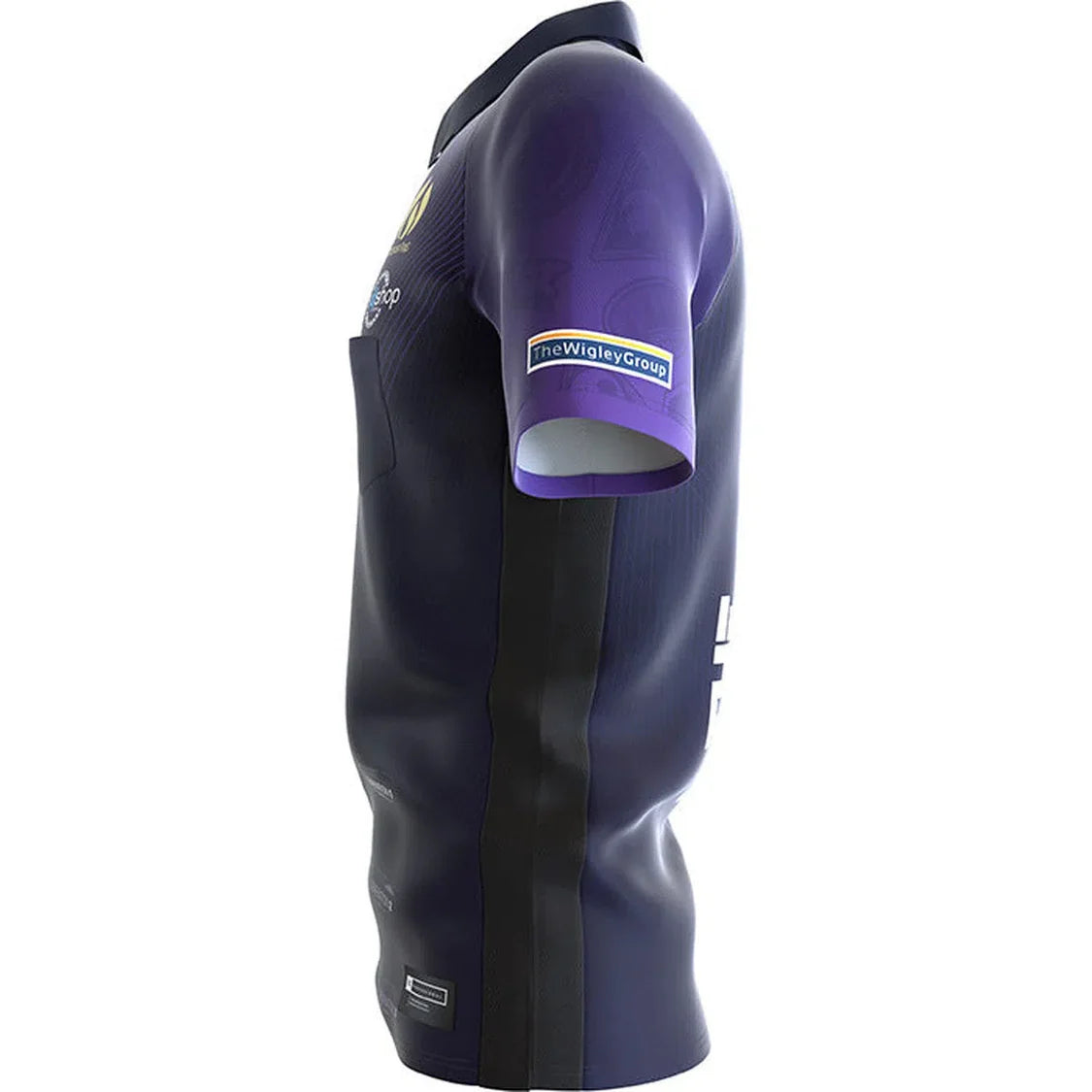 Side view dart shirt on white background showing purple sleeve, sponsor patches, and breathable fabric design