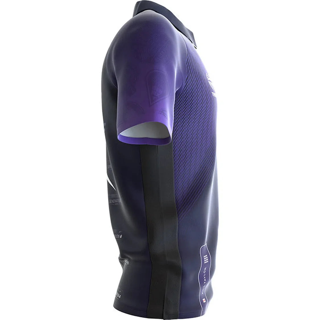Side view of Phil Taylor 2024 darts playing shirt, purple gradient, highlighting sleeve design and textured panel, isolated on white