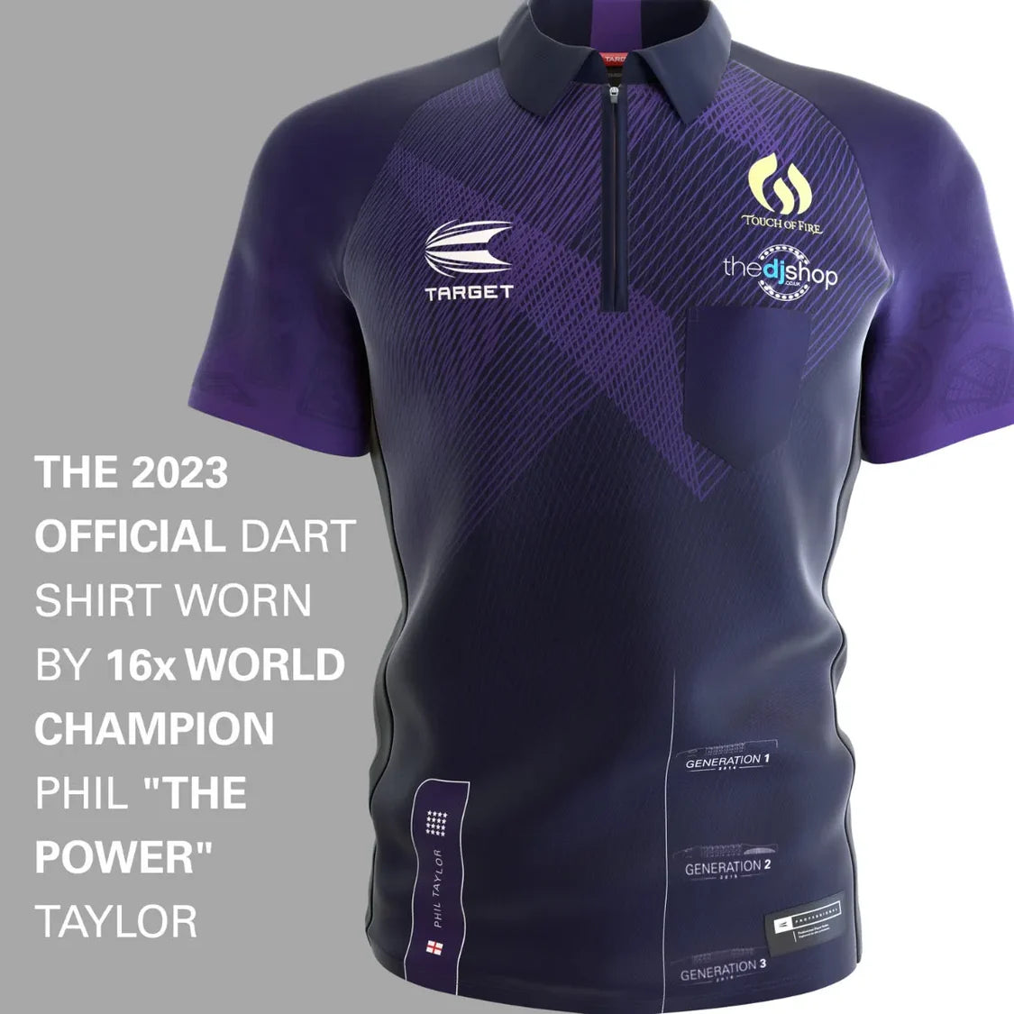 Full front view of Phil Taylor 2024 dart shirt, purple design with sponsor logos, ideal for darts players