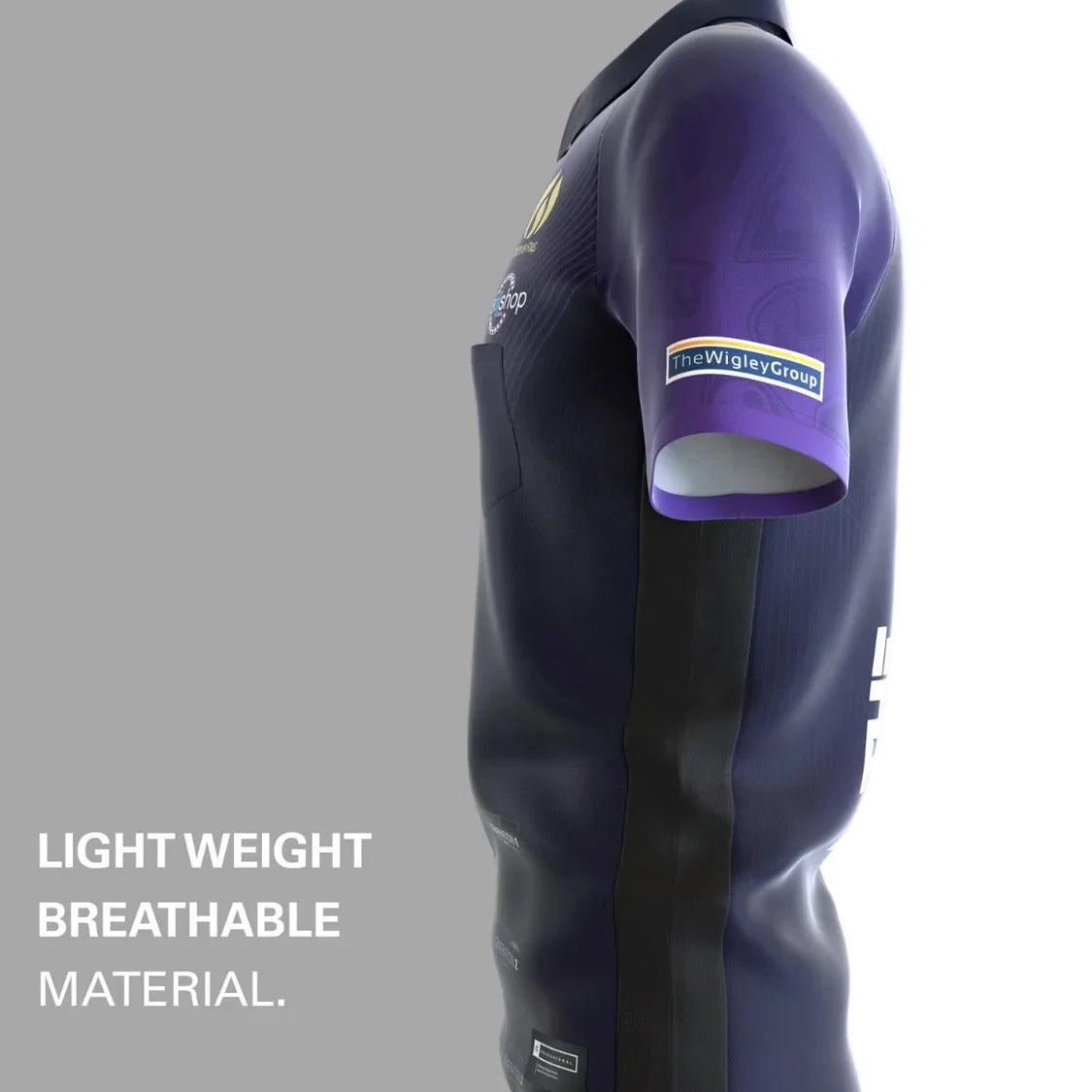 Side view of Phil Taylor 2024 dart shirt showing lightweight breathable material and arm sponsor patch for dart players