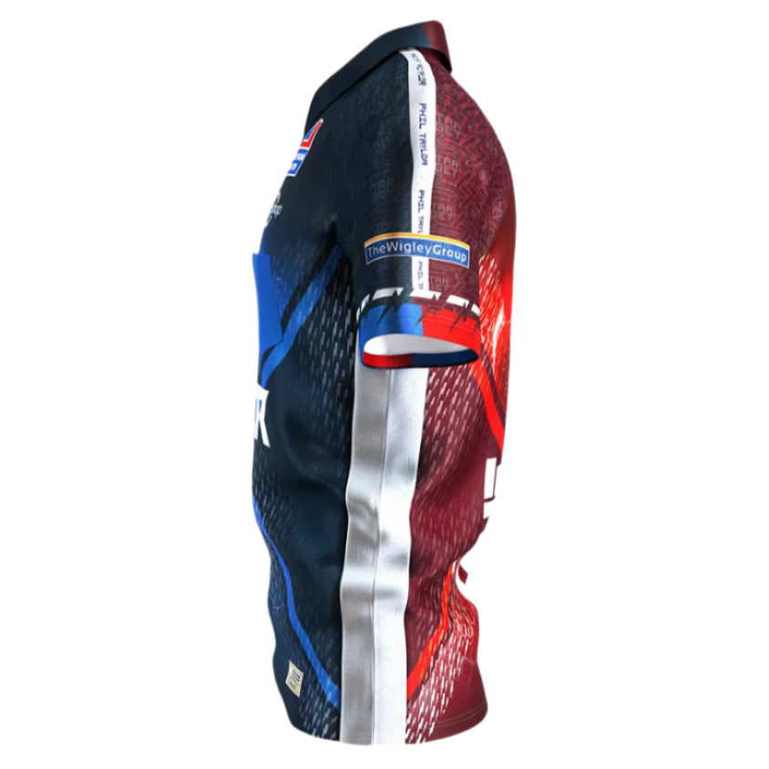 Side angled view of Phil Taylor 2025 darts shirt showing detailed sleeve sponsors, blue and red pattern, and modern darts apparel collar