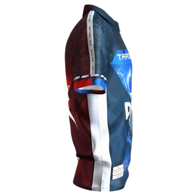 Side angle of Phil Taylor 2025 darts shirt showcasing sleeve branding, lightning graphics, and technical fabric details