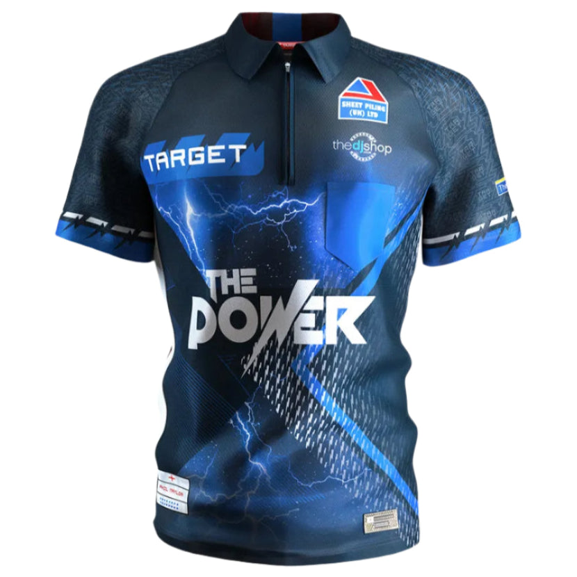 Full front view of Phil Taylor 2025 darts shirt on white background, featuring lightning graphics, sponsor logos, and bold 'The Power' text