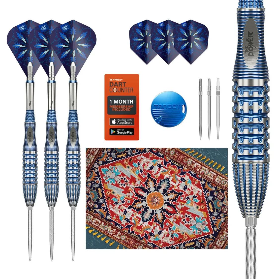 Flat lay of Phil Taylor Gx2 tungsten darts set with blue flights, close-up barrel grip, extra tips, flights, and accessories for dart players