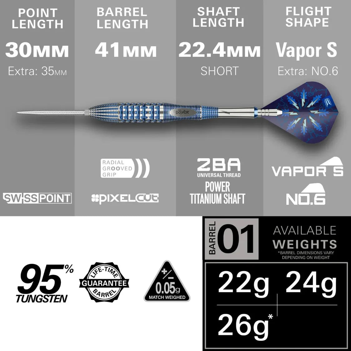 Side view of Gx2 tungsten dart with blue radial grooved grip, technical specs, shaft and Vapor S flight, showing point, barrel, shaft lengths and weight options