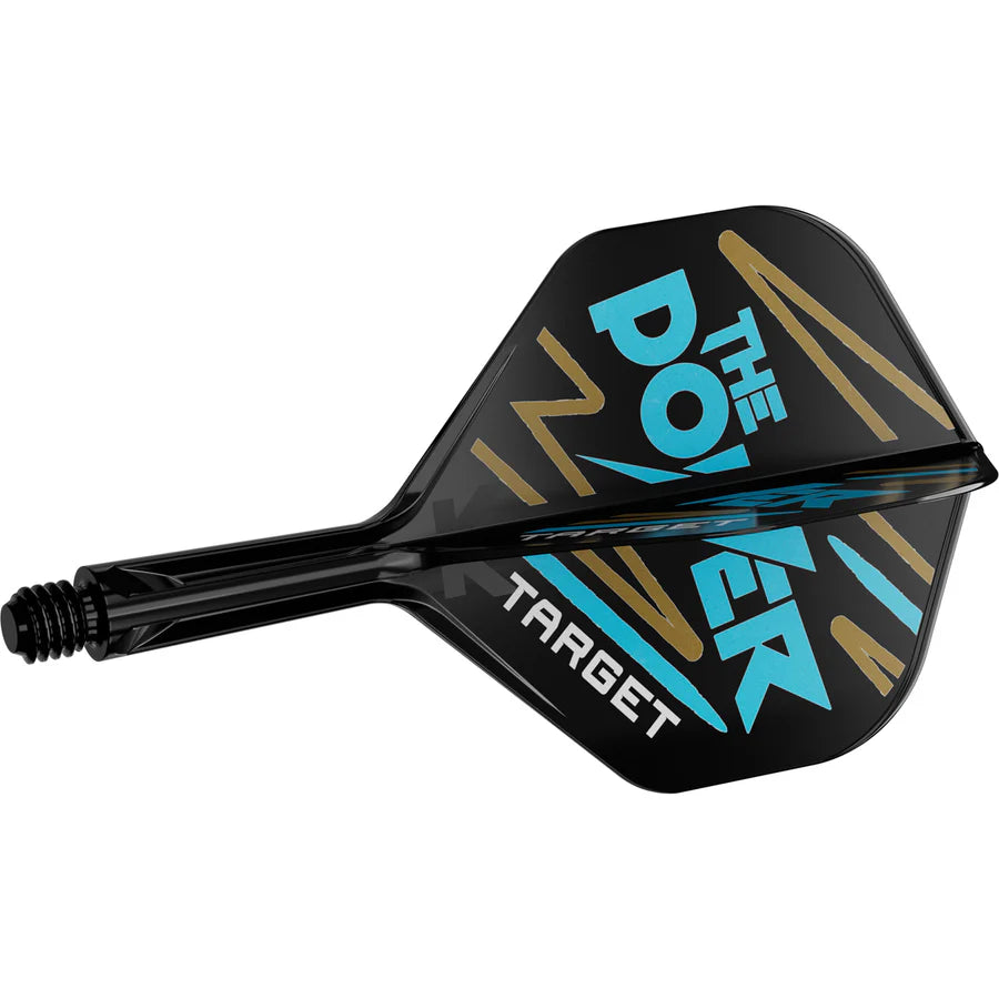 Black dart shaft and flight with blue and gold Power graphics, full product view on white background
