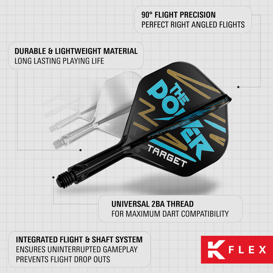Angled close-up of integrated dart flight and shaft system with visible 2BA thread, K-Flex design, and feature highlights overlay