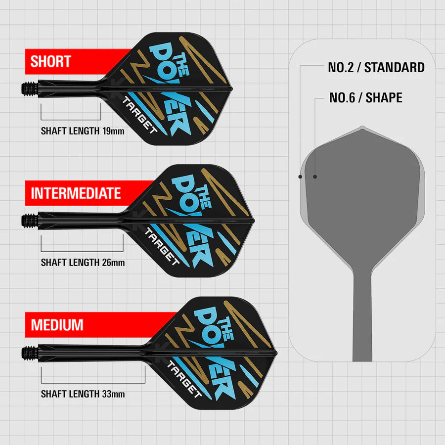 Side view of three dart shafts with flights in short, intermediate, and medium lengths, comparing no.2 and no.6 flight shapes for darts
