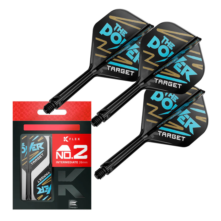 Phil Taylor K-Flex No.2 dart flights with black and gold design, shown assembled and in retail packaging, full product view