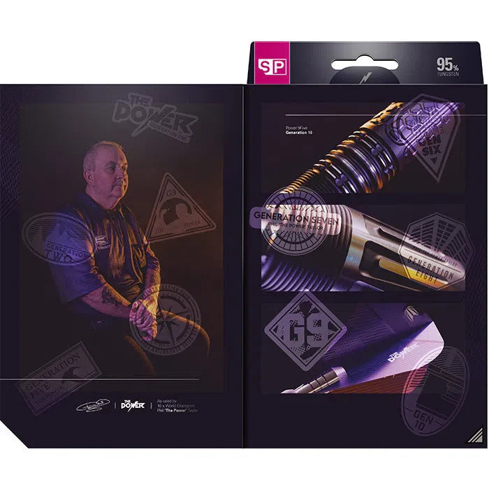 Opened dart packaging showing close-ups of 95% tungsten dart barrel grip, flight design, and feature highlights for precision darts