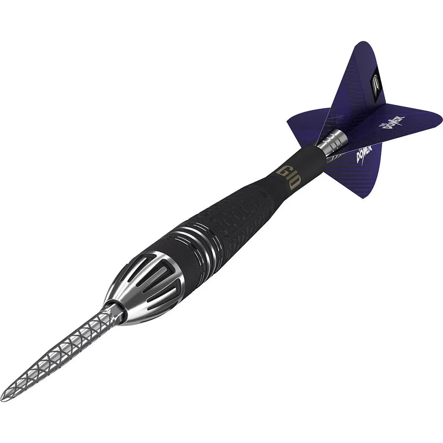 Angled close-up of Power 9FIVE G10 tungsten dart showing grip texture, precision barrel cuts, and purple flight on white background