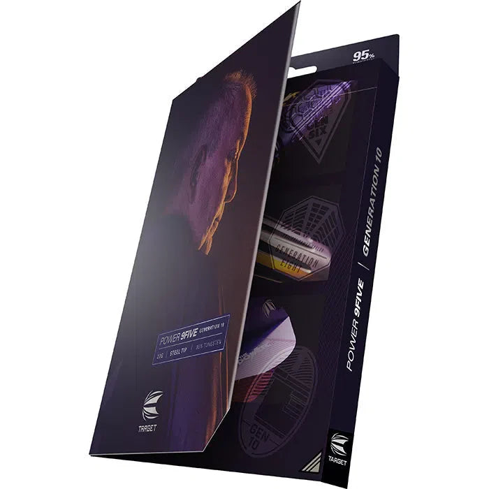 Angled view showing Target Phil Taylor Power 9FIVE G10 darts in open display box with flights and accessories visible.