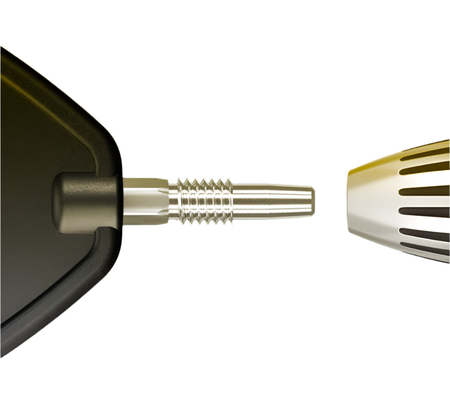 Close-up of Phil Taylor Power 9FIVE G10 dart shaft threading, flight, and barrel connection details for assembly