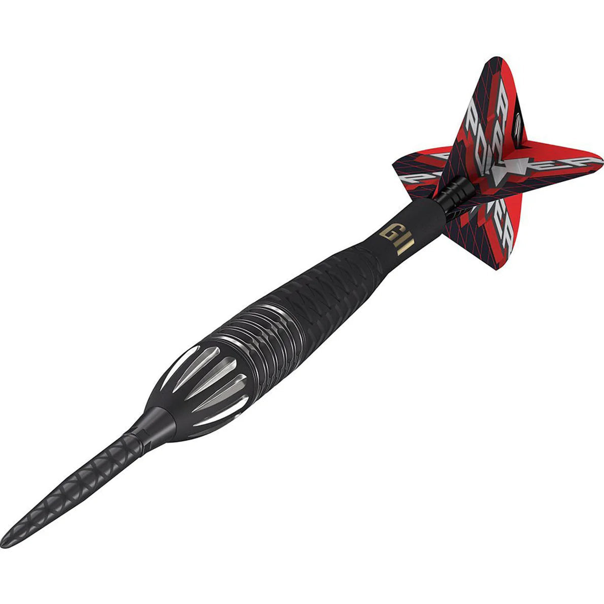 Angled view tungsten dart with black textured grip, silver barrel grooves, red Power flight, isolated on white background