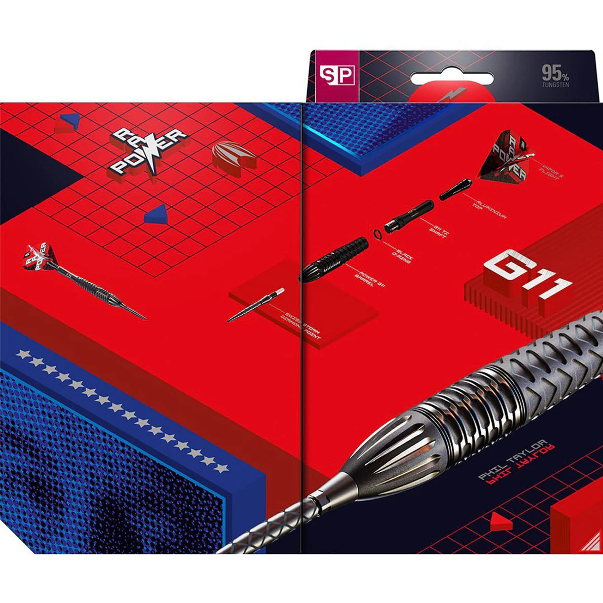 Angled close-up of Phil Taylor Power 9Five G11 darts packaging displaying tungsten barrel grip and individual dart parts