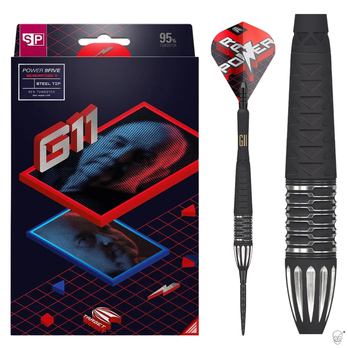 Steel tip tungsten dart set with full packaging, detailed barrel grip, Power G11 flight, and black machined grip design