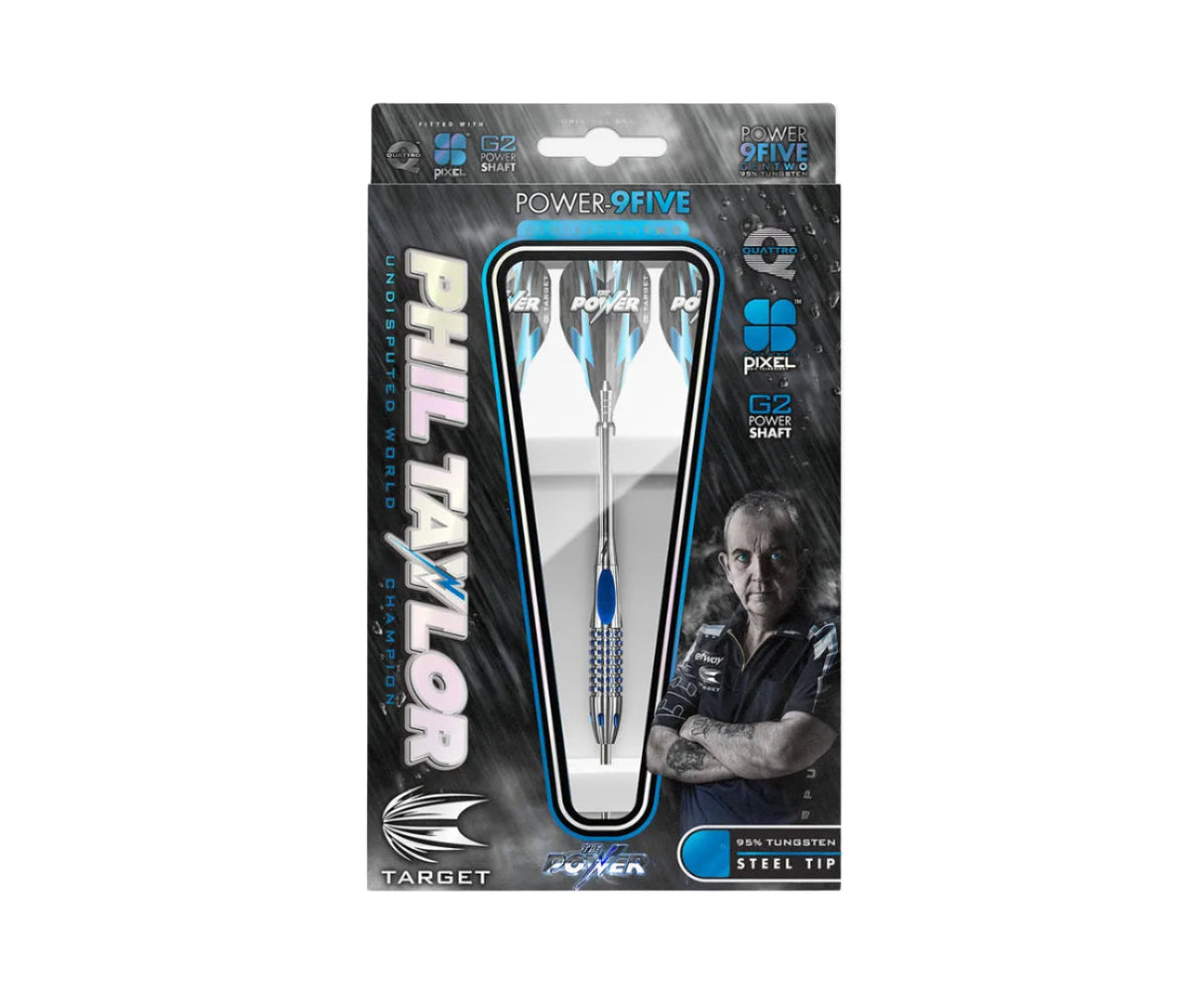 Steel tip tungsten darts set in retail packaging with blue pixel grip, Power flights, and full product display for buyers.