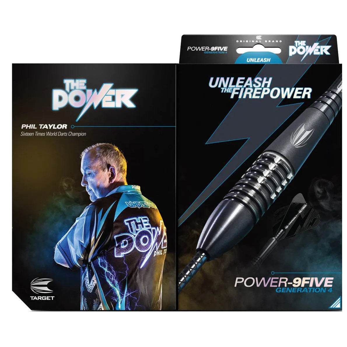 Full packaging view showing Phil Taylor Power 9Five G4 tungsten darts with macro close-up of grip and barrel texturing