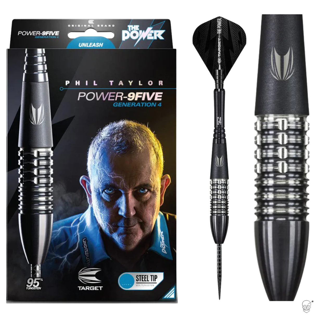 Steel tip tungsten dart with packaging, close-up of grip and flight, Power 9Five Generation 4, precision grooved barrel