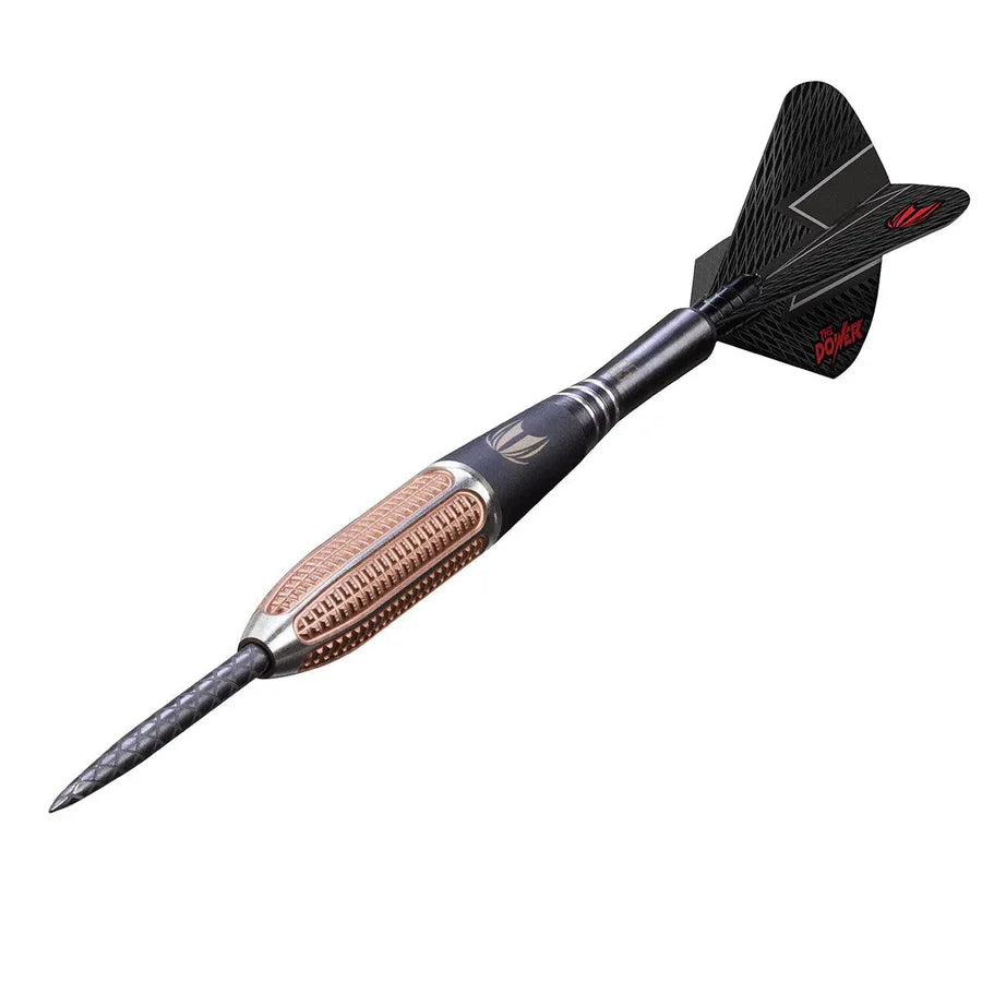 Angled view of Phil Taylor Power 9FIVE G5 tungsten dart showing precision grip barrel, carbon tip, and textured black flights, isolated on white