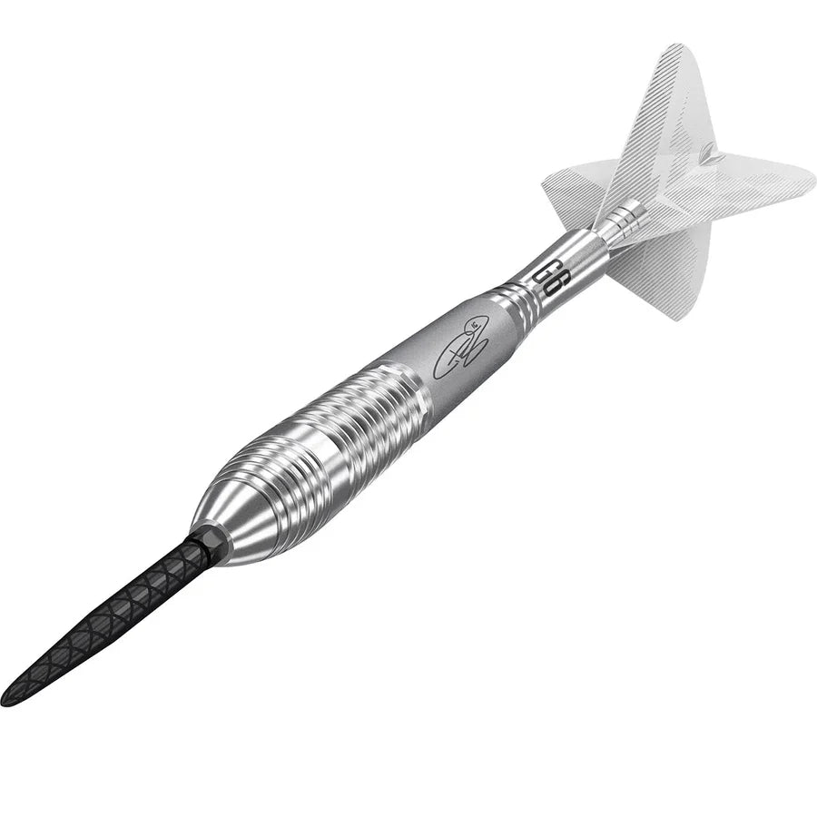 Angled close-up of Phil Taylor Power 9Five G6 tungsten dart highlighting barrel grip rings, black tip, and silver textured flight