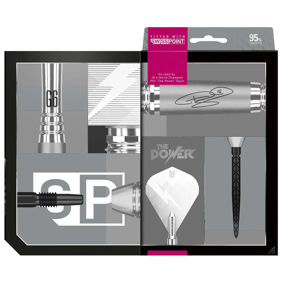 Close-up collage of Phil Taylor Power 9Five G6 tungsten dart set in packaging, highlighting barrel grip, signature, Swiss Point tip, and flight design.