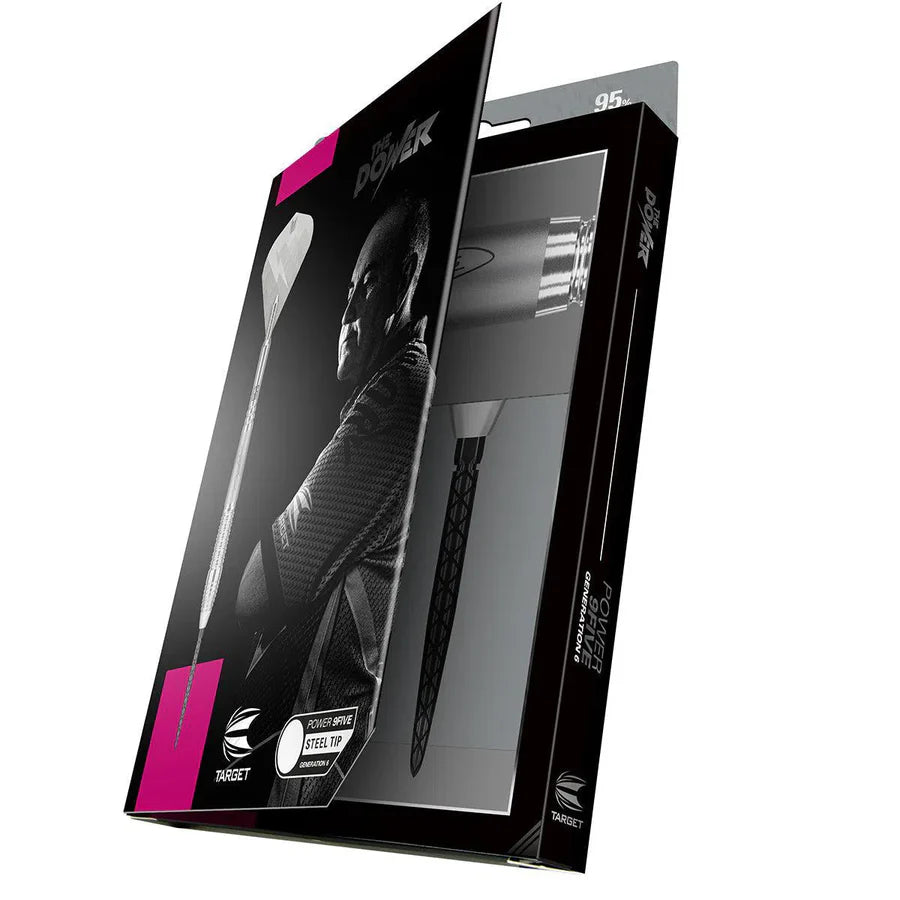 Angled view of Power 9Five G6 steel tip tungsten darts in open retail packaging, showing barrel and shaft design